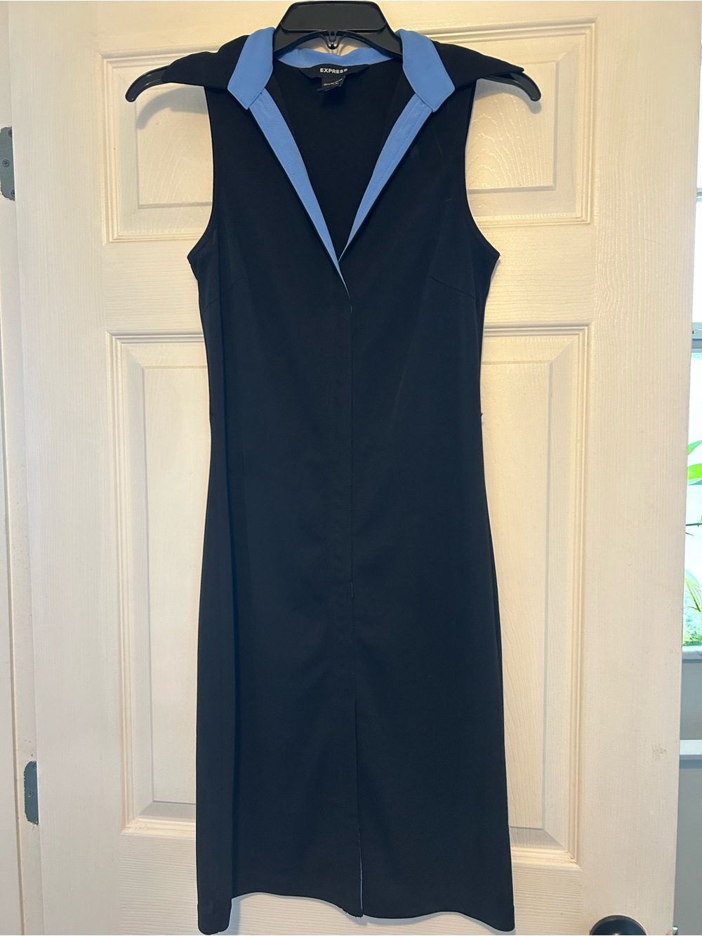 Express Sleeveless Black Sheath Dress with Light Blue Collar